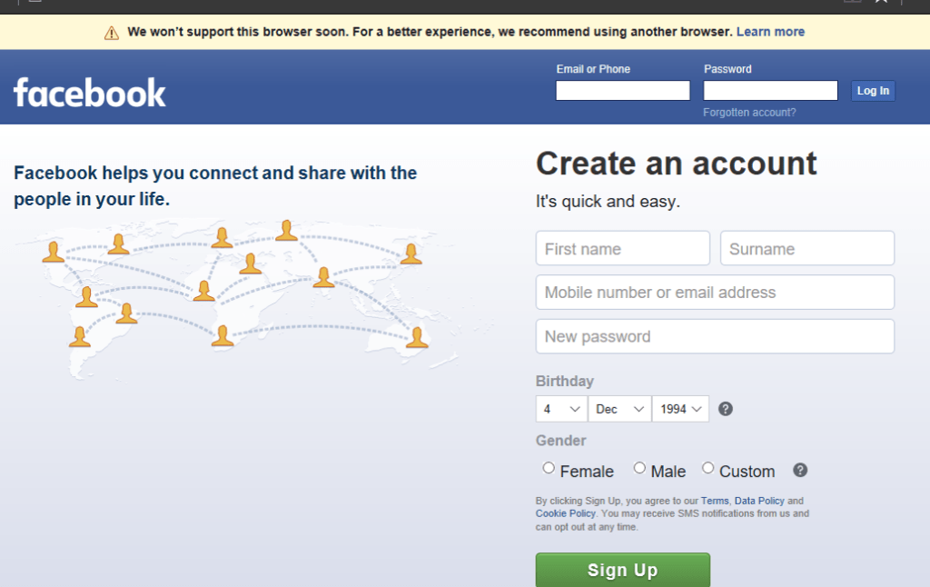 facebook account login page