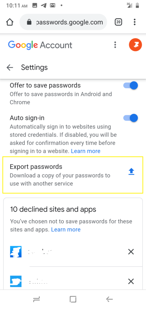 google password export