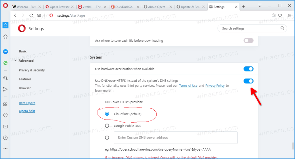 Opera DNS over HTTPS