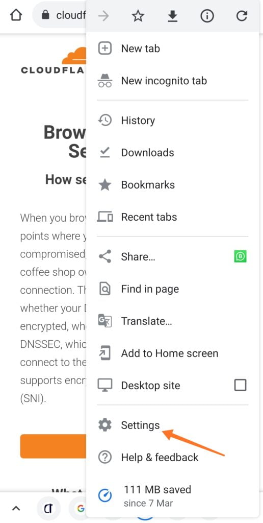 Chrome browser menu