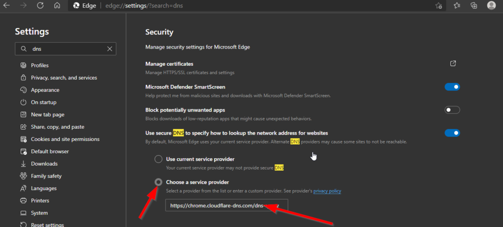 Edge secure DNS settings