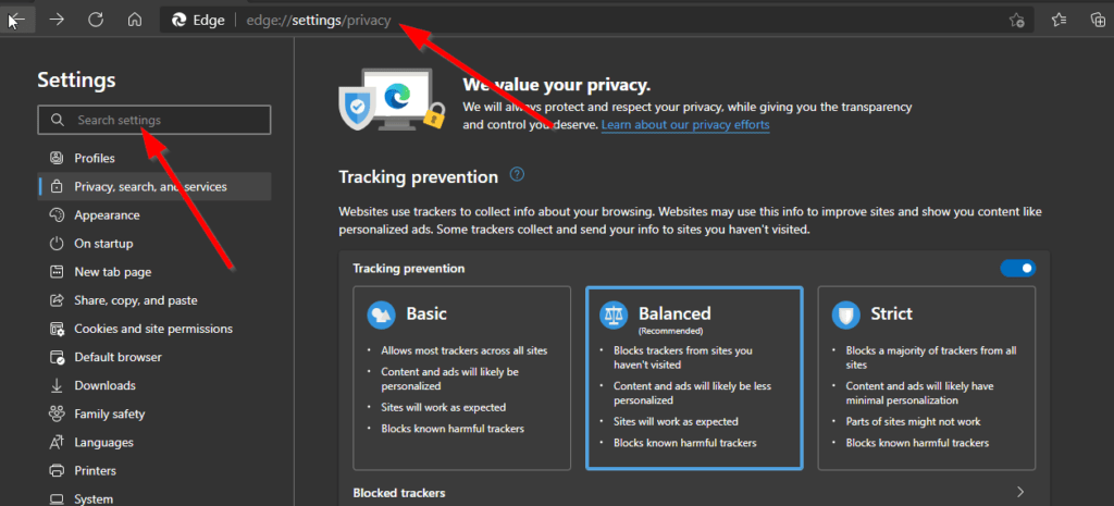 Microsoft Edge Privacy settings