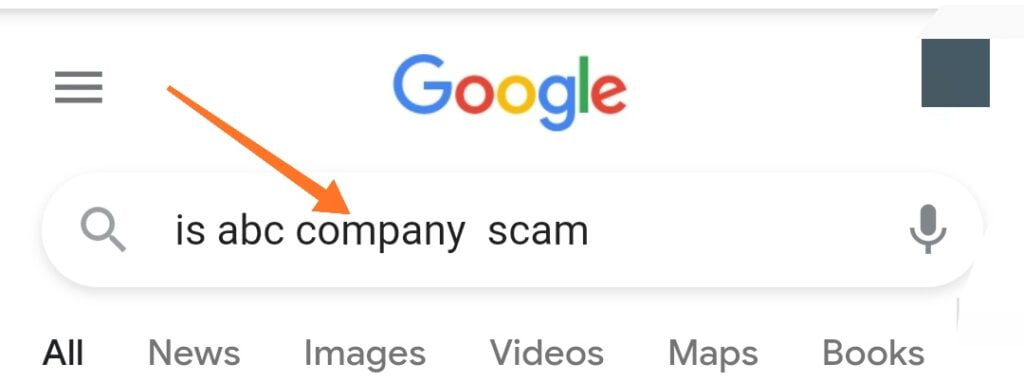 google search for social media scam