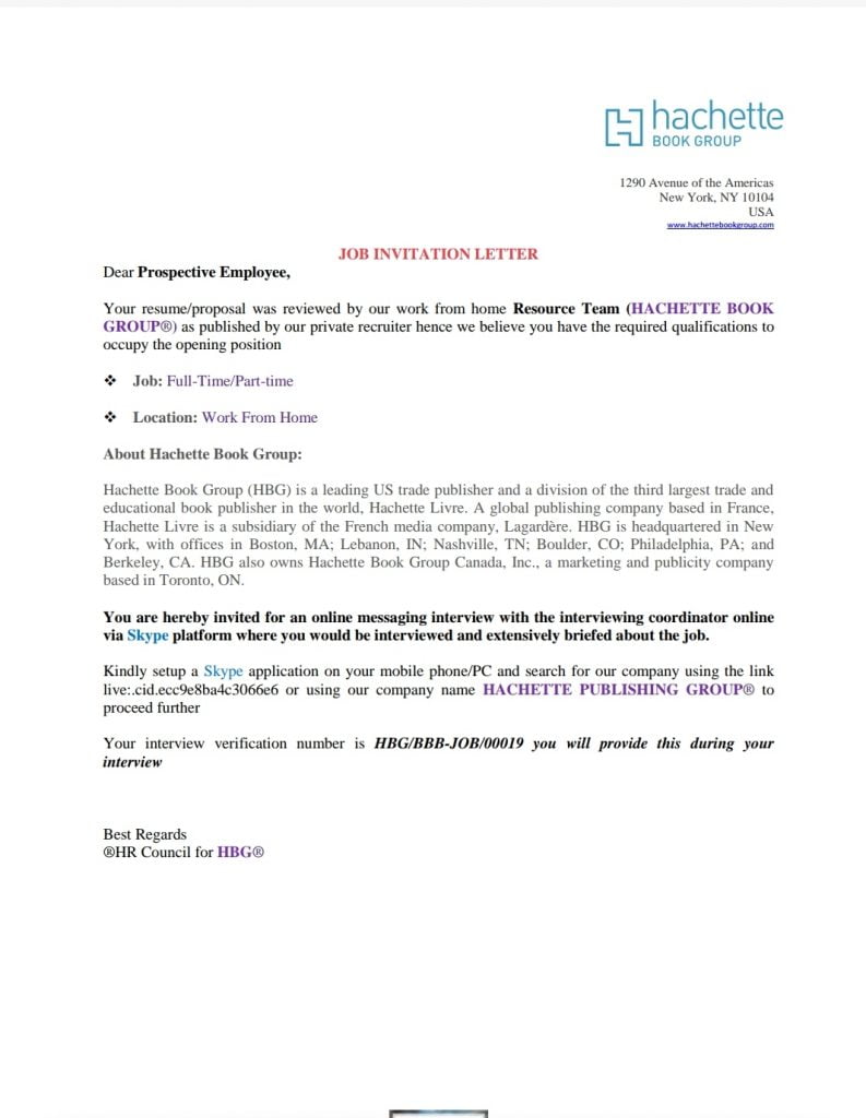 Online Job scams Hachette group employment letter