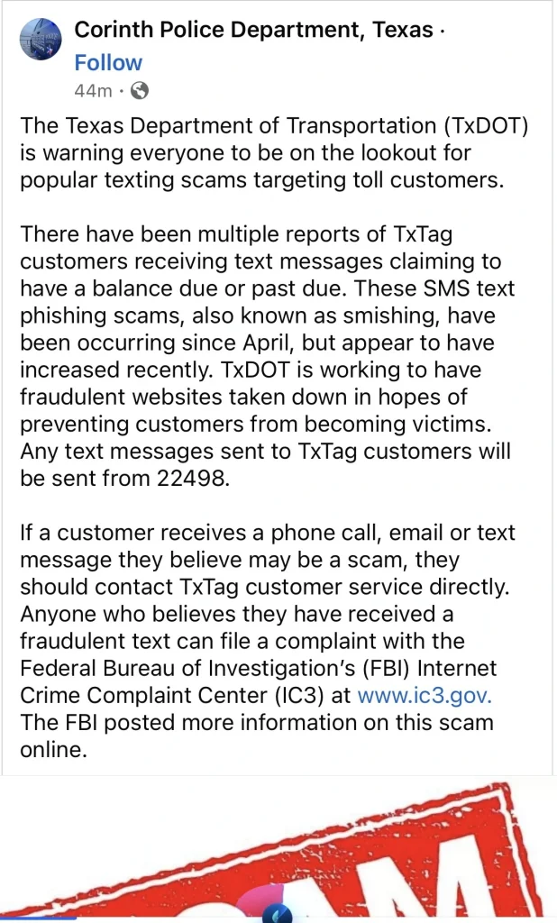 Corinth Police Department Texas scam alert