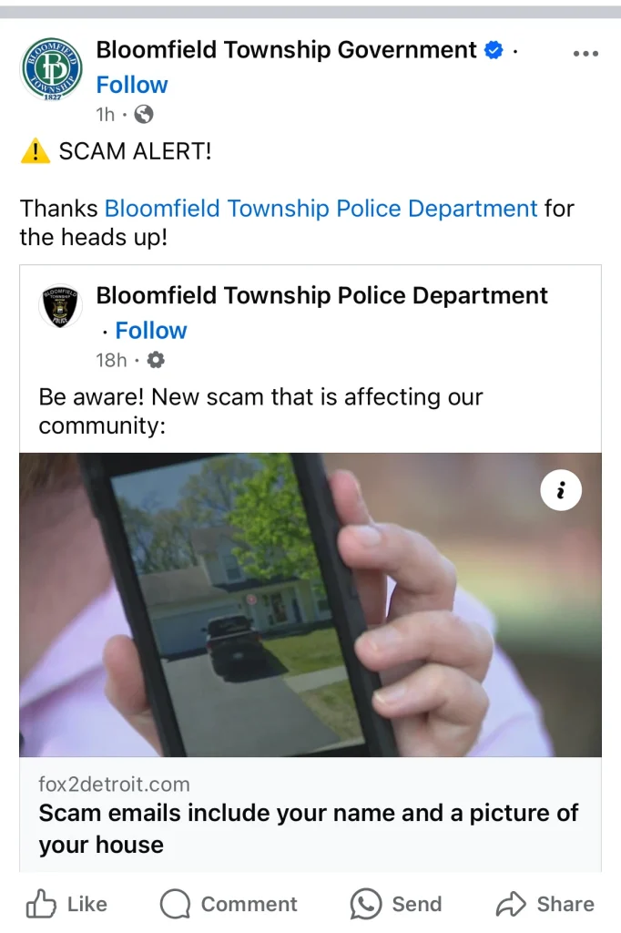 Bloomfield Township Police Department Scam alert