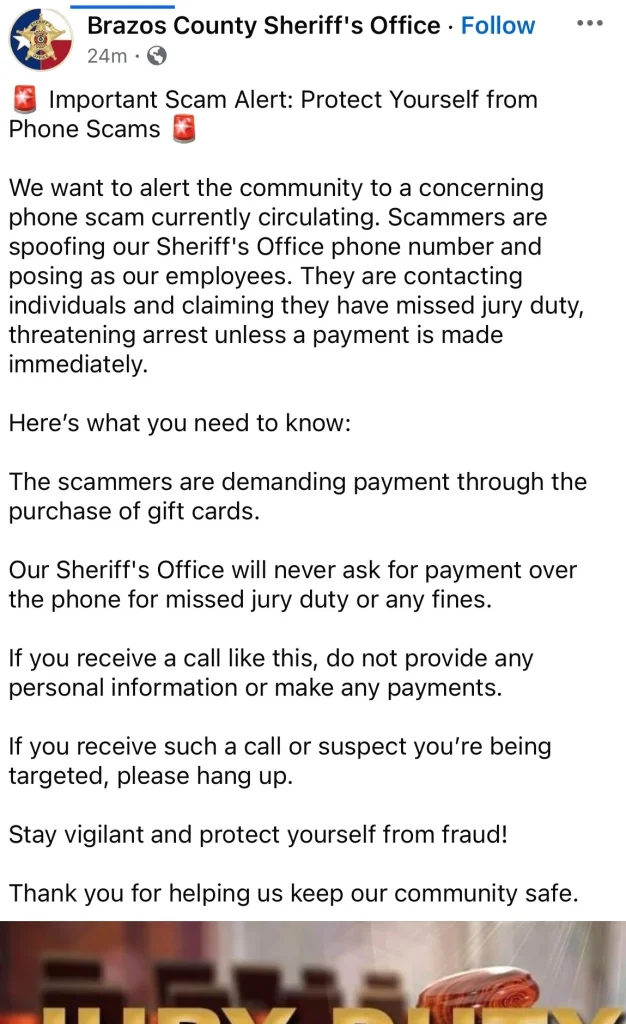 phones scams alert Brazos county Sheriff's office