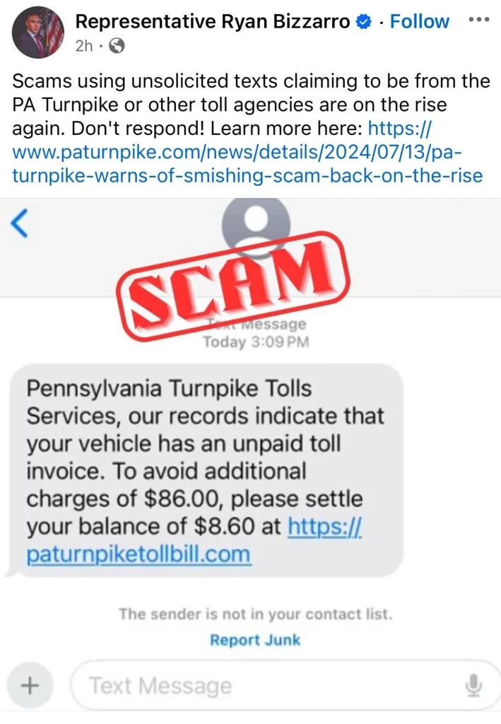 Pennsylvania Turnpike Tolls Service Smishing scam