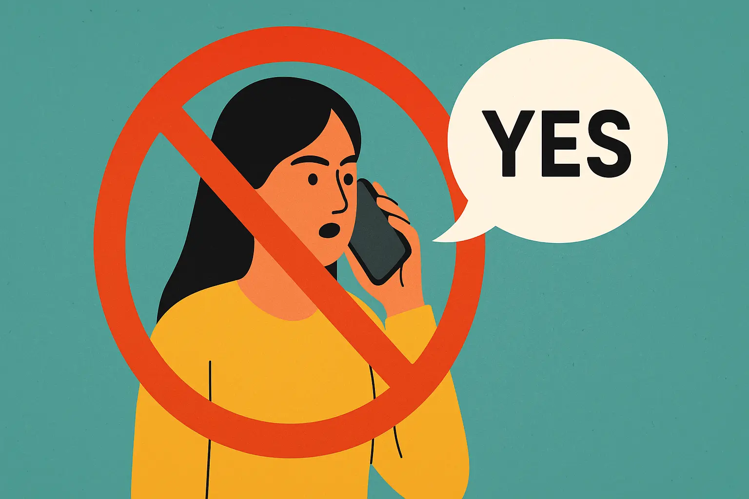 Illustration of a concerned woman answering a phone call, overlaid with a red prohibition symbol and a speech bubble saying “YES,” warning against voice scams.