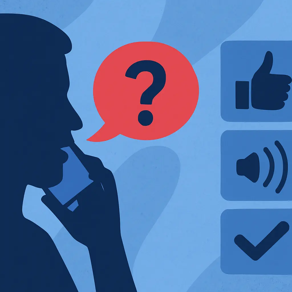 Person on a phone call with a red question mark speech bubble and icons showing thumbs-up, audio, and checkmark, representing consent and scam tactics.