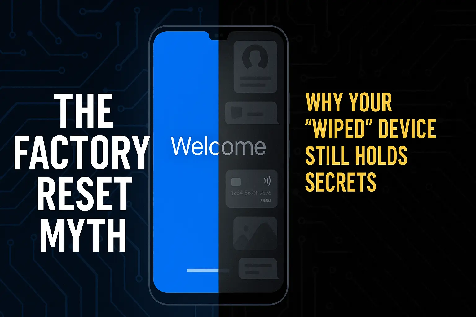 Illustration of a smartphone split into two halves: the left shows a clean factory reset welcome screen, while the right reveals ghostly overlays of photos, bank details, and messages beneath the surface. Background features dark circuits with the title “The Factory Reset Myth – Why Your Device Still Holds Secrets.”