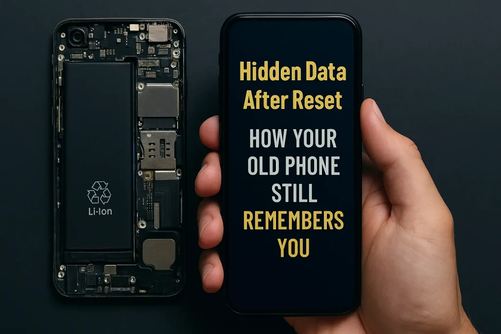 A smartphone shown in two panels: the top displays “Reset Complete” with a clean screen, while the bottom reveals ghostly overlays of photos, contacts, and emails still present, symbolizing hidden data after a factory reset.